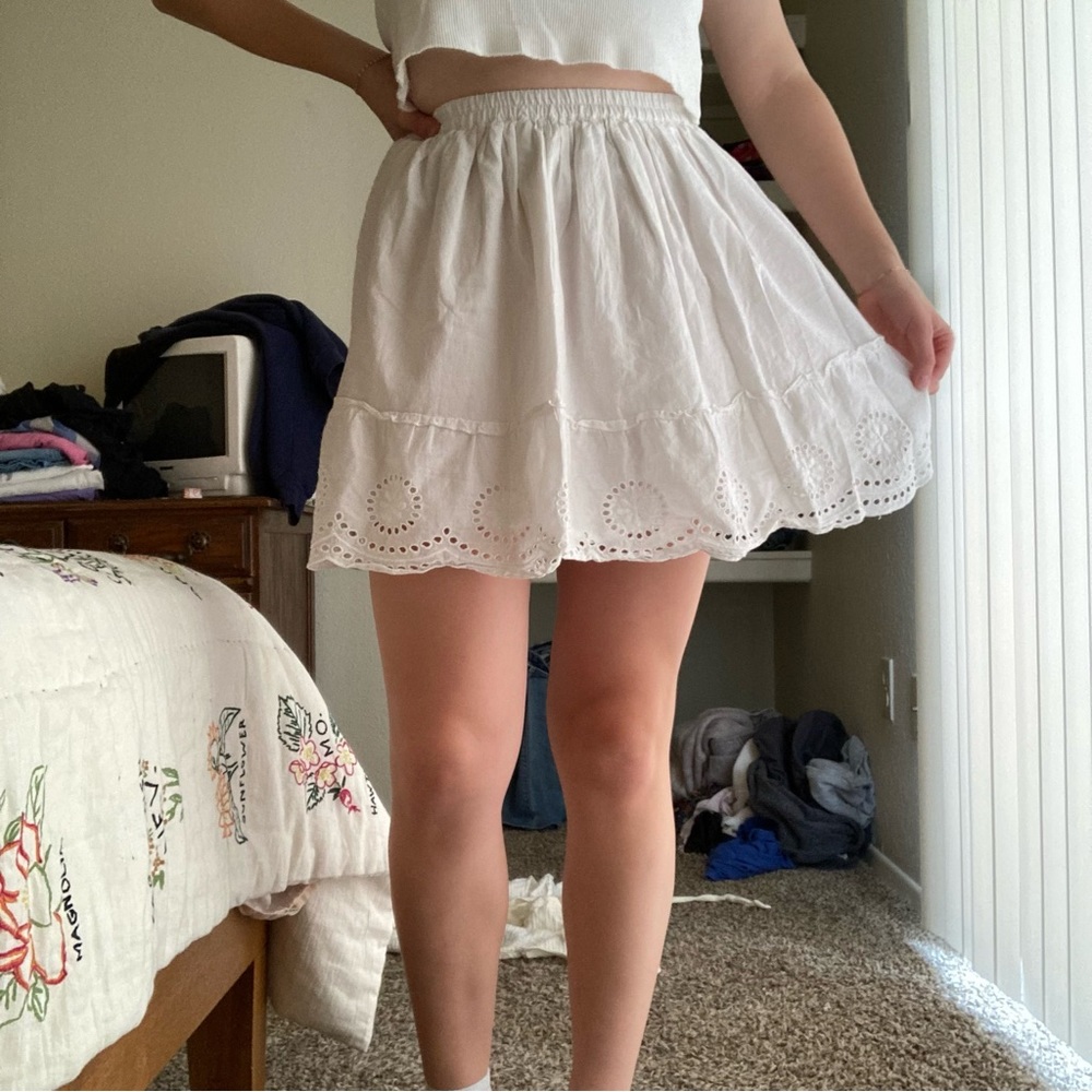 white eyelet mini skirt